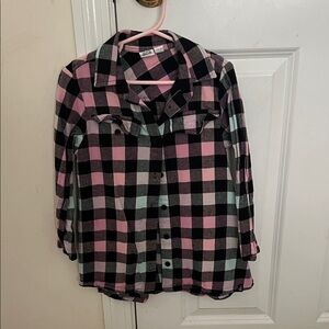 Deux par Deux Kids Plaid Flannel (thin)Button-Down Shirt - Pink, Black, Green